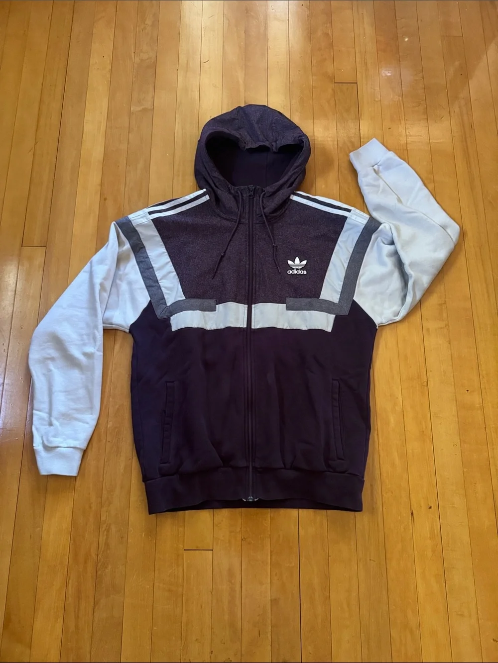 adidas Men’s Hooded Zip up logo hoodie - heather Purple & cream men’s L